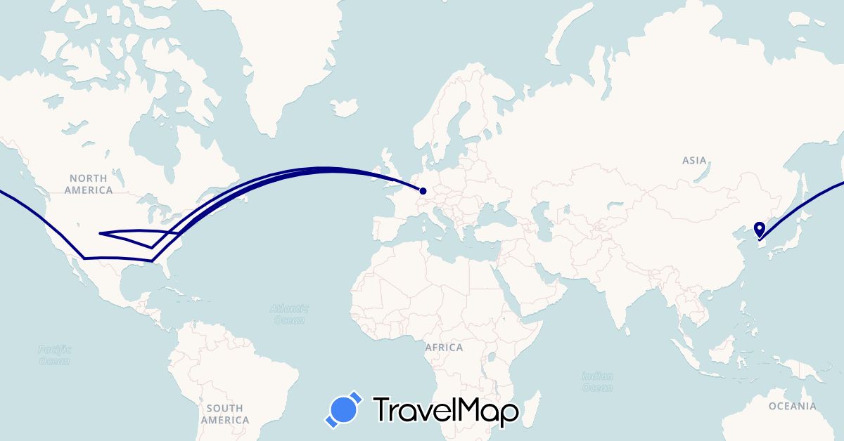 TravelMap itinerary: driving in Germany, United Kingdom, South Korea, United States (Asia, Europe, North America)